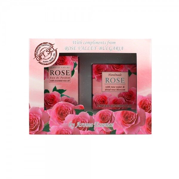 Dāvanu komplekts "Aroma Essence - Rose smaržūdens 12ml+ziepes"